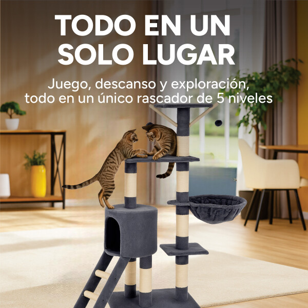 Rascador Torre 5 Niveles En Felpa Y Sisal Para Gato Juego Variante Gris Oscuro Pompom