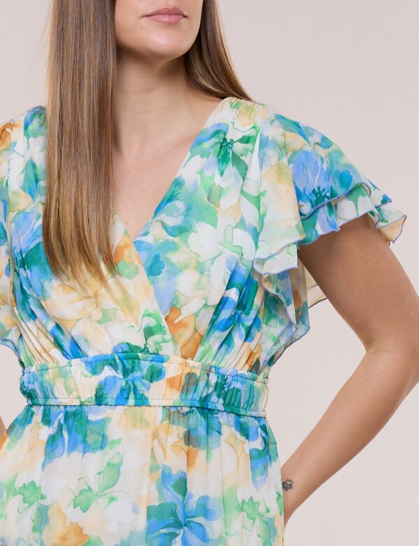 Vestido Midi De Gasa Con Mangas Con Volados MULTI/AZUL