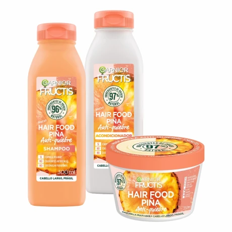 Pack Garnier Fructis Hair Food Piña - Shampoo 300ml + Acondicionador 300ml + Mascarilla Capilar 300ml Pack Garnier Fructis Hair Food Piña - Shampoo 300ml + Acondicionador 300ml + Mascarilla Capilar 300ml