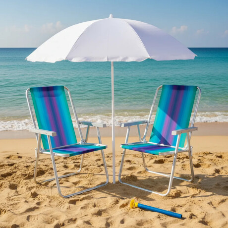 Set Sillas x2 Alum 120Kg + Sombrilla + Saca Arena Playa MOR Verde Agua/violeta