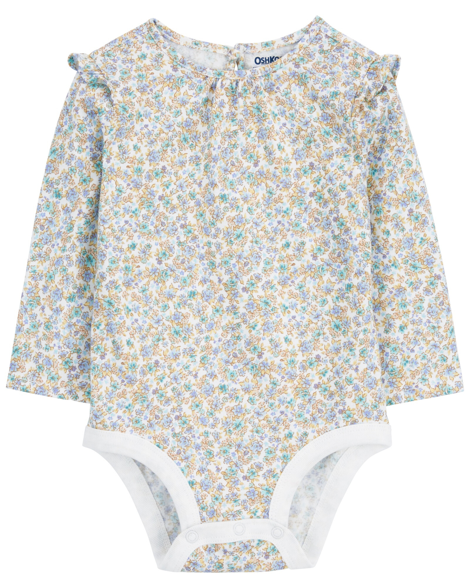 Body de algodón manga larga con volados, diseño floral Body de algodón manga larga con volados, diseño floral