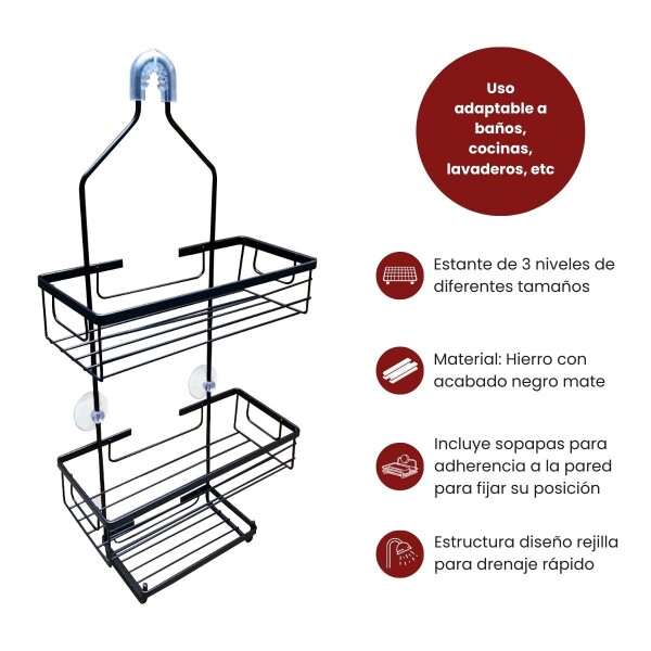 Organizador Ducha Colgante 3 Niveles Jabonera Baño Repisas Negro Mate Organizador Ducha Colgante 3 Niveles Jabonera Baño Repisas Negro Mate