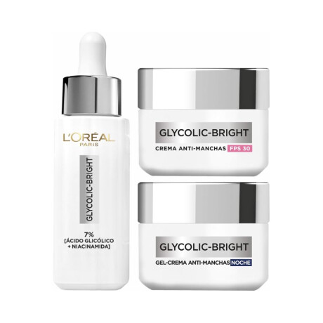 Pack L'Oréal Paris Glycolic Serúm 30ml + Crema de Día 50ml + Crema de Noche 50ml Pack L'Oréal Paris Glycolic Serúm 30ml + Crema de Día 50ml + Crema de Noche 50ml
