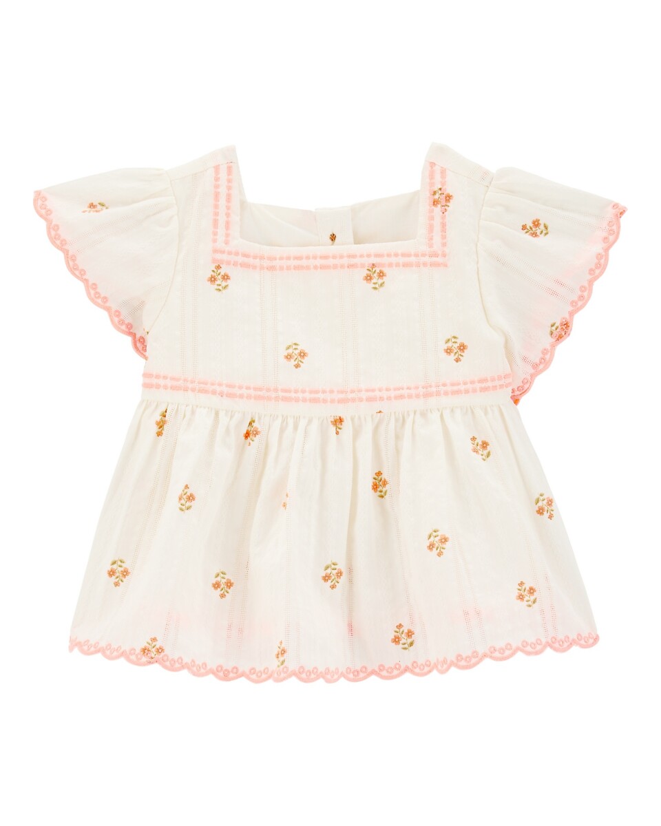 Blusa de algodón texturado, manga con volados, diseño floral 