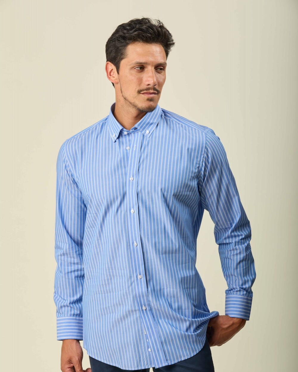 Camisa Sport Algodón Manga Larga Celeste Raya Blanca