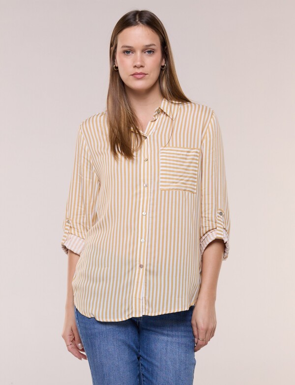 Camisa Clásica Rayada Con Mangas Arremangables MOSTAZA