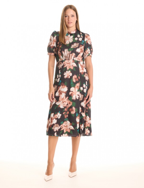 Vestido Mock Neck Fl MULTI/NEGRO