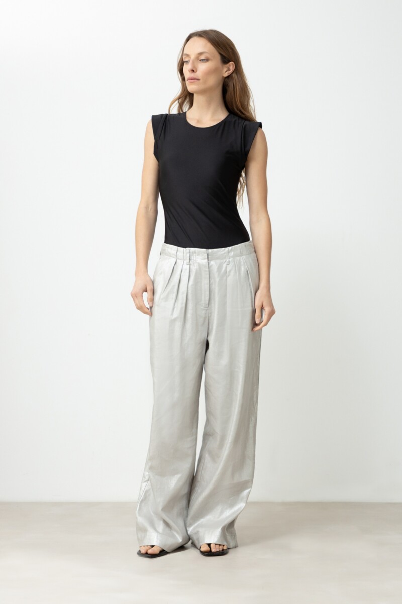 Pantalón pinzado de lino metalizado plateado