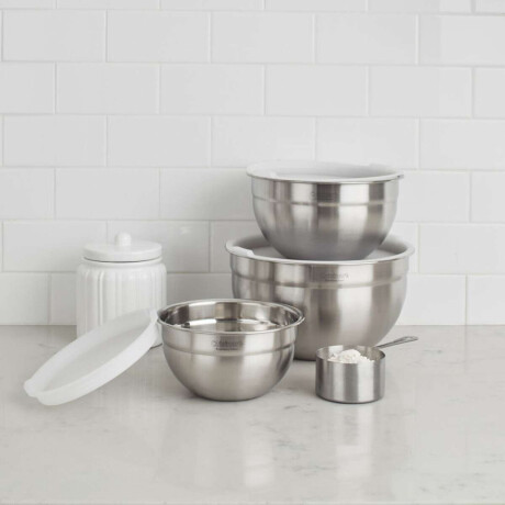 Juego De 3 Tazones Mezcladores De Acero Inox. Con Tapas 1.5Qt, 3Qt Y 5Qt