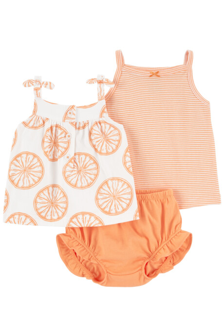 Set tres piezas de algodón, short y dos musculosas, diseño naranjas Sin color
