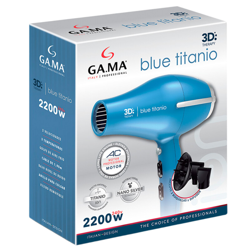 Secador de pelo GA.MA Italy Blue Titanio 3D Therapy 2200W con motor AC y boquillas para un secado rápido profesional Secador de pelo GA.MA Italy Blue Titanio 3D Therapy 2200W con motor AC y boquillas para un secado rápido profesional