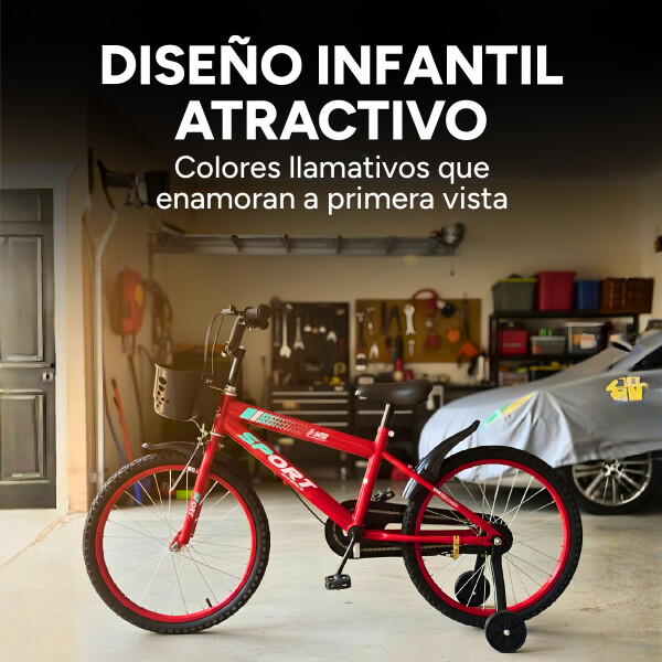 Bicicleta Infantil Sport Rod 20 Canasto Guardabarro Rueditas Rojo 1