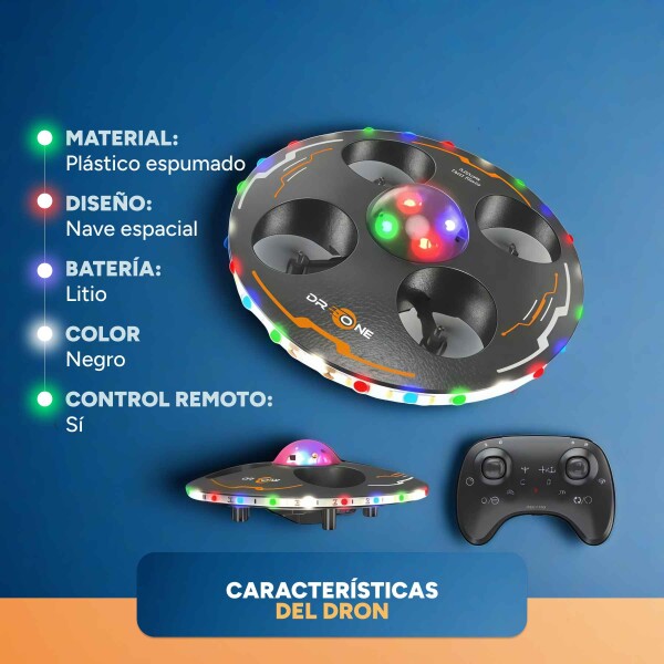 Drone Ovni Ufo Nave Espacial Luces RGB Control Remoto 80 Mts Color Negro