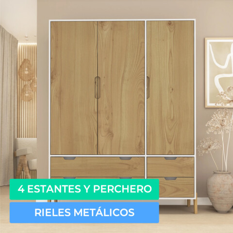 Ropero Armario de 3 Puertas, Perchero y 4 Cajones en MDP - Madera - Línea Melilla - Blanco Ropero Armario de 3 Puertas, Perchero y 4 Cajones en MDP - Madera - Línea Melilla - Blanco