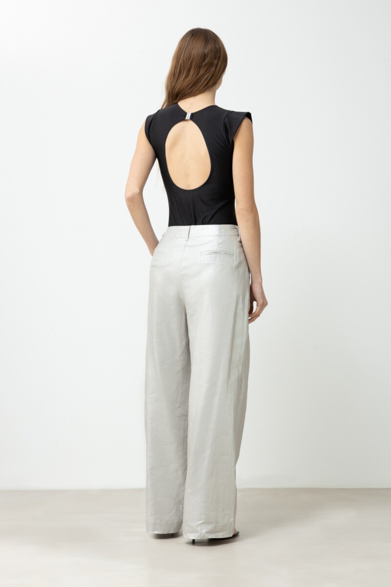 Pantalón pinzado de lino metalizado plateado