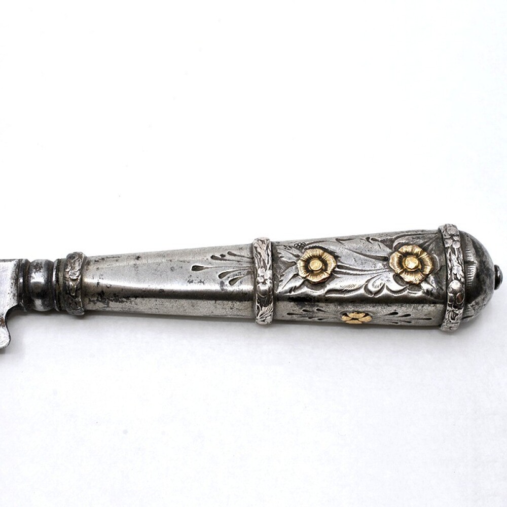 Cuchillo Antiguo Plata Y Oro, Hoja J.M Mailhos " Cazador Al Filo" Acier Fondu, Vaina Cuero Cuchillo Antiguo Plata Y Oro, Hoja J.M Mailhos " Cazador Al Filo" Acier Fondu, Vaina Cuero