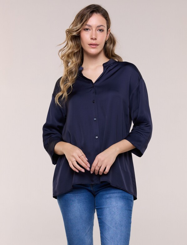 Camisa Saten Cuello Mao AZUL