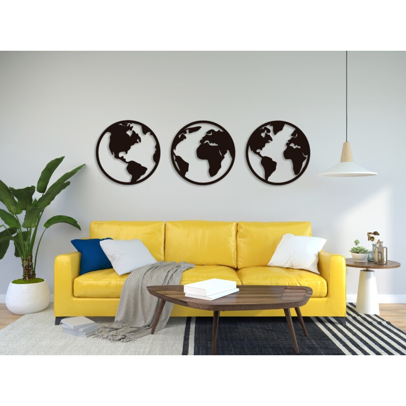 Triptico Cuadro Madera Mundo Circular 30 X 30 Cm Decoracion Negro