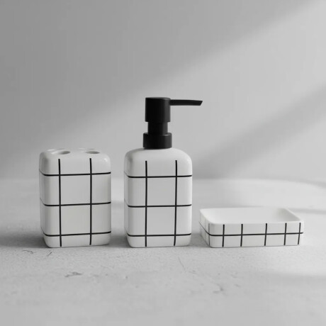 Set Baño 3Pzas Cuadriculado Cerámica Jaboneras Portacepillos Blanco/negro