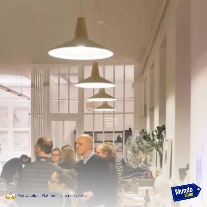 Lampara Colgante Metal Nordica Plato Deco Simil Madera Led Blanco
