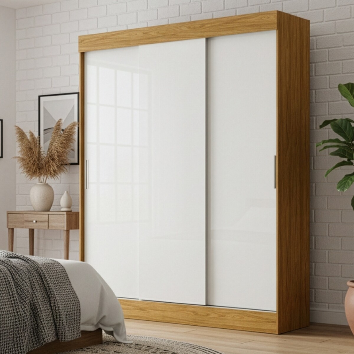 Ropero Armario Sirius 3 Puertas Corredizas 2 Cajones Con Rieles Metálicos Color Marrocos Off White / Marrocos Ripado 