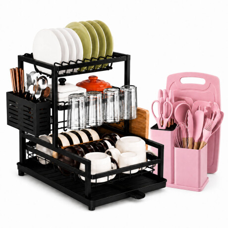 Set Utensilios Cocina 19Pz + Escurridor 3Niv. Drenaje Autom. Rosa