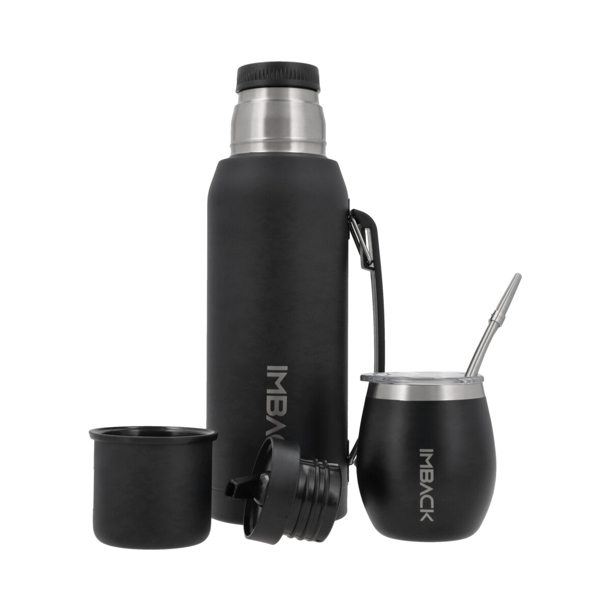 Set Termo de Acero Inoxidable Doble Capa y Doble Pico de 1 litro Color Negro + Mate + Bombilla 