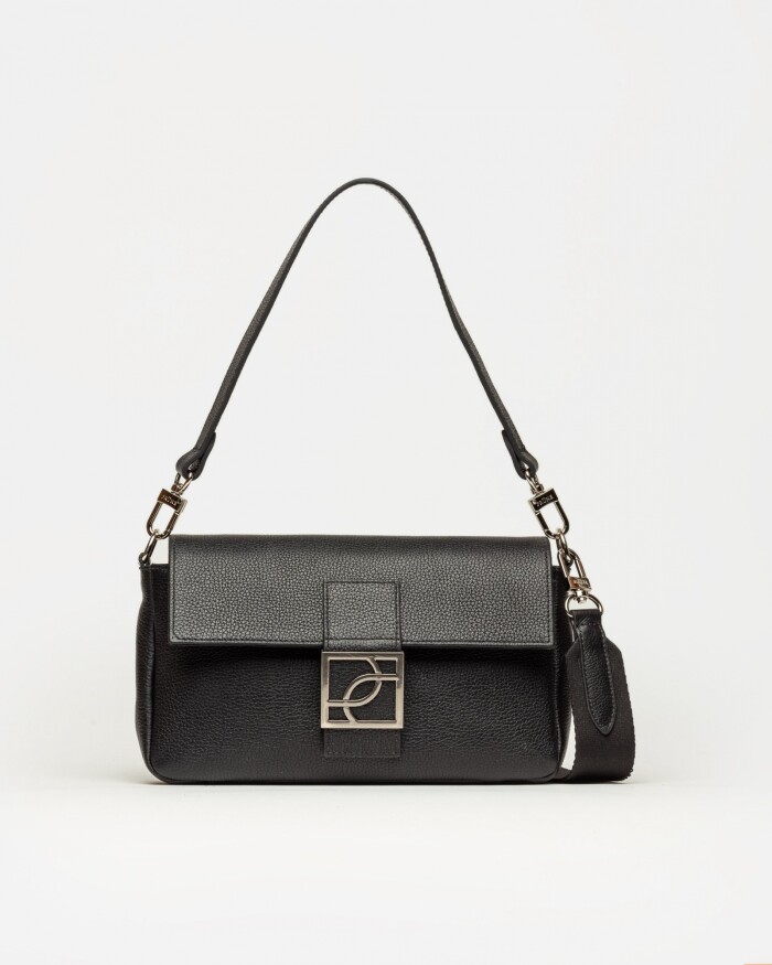 Cartera al hombro Signature en cuero graneado Negro