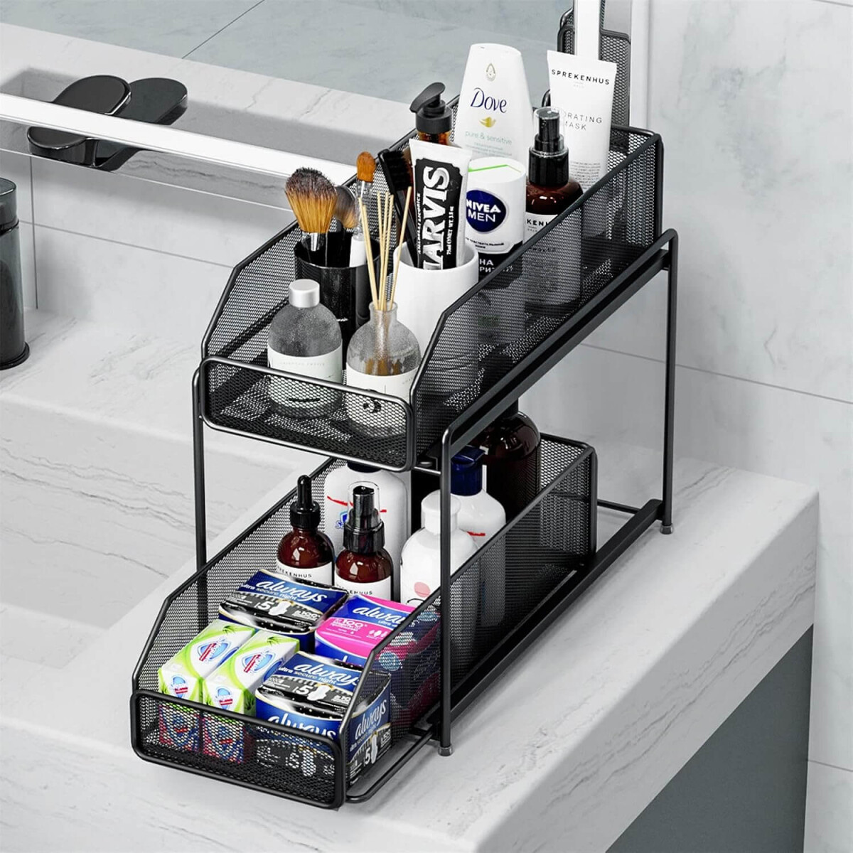 Estante Organizador Bajo Mesada Multiuso Para Cocina Baño Alacena Maquillaje Cosmeticos Con 2 Cajones Deslizables Imback 