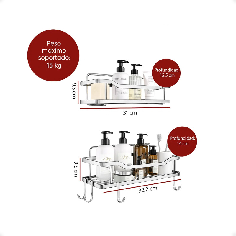 Estante organizador baño ducha set x2 adhesivo con ganchos Plateado