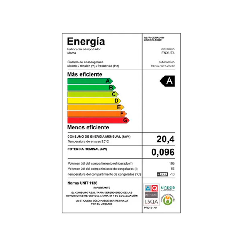 REFRIGERADOR ENXUTA RENX 275W Blanco N/A
