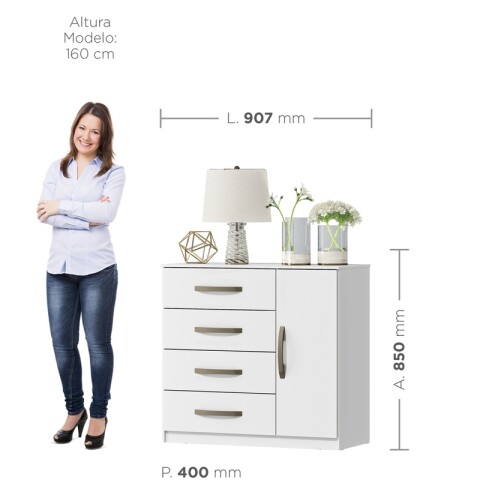 Cómoda Cajonera para Dormitorio de 4 Cajones y 1 Puerta en MDP - Blanco Cómoda Cajonera para Dormitorio de 4 Cajones y 1 Puerta en MDP - Blanco
