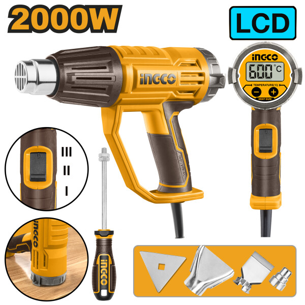 PISTOLA DE CALOR 2000W SET CON VISOR DIGITAL INGCO HG200058 PISTOLA DE CALOR 2000W SET CON VISOR DIGITAL INGCO HG200058