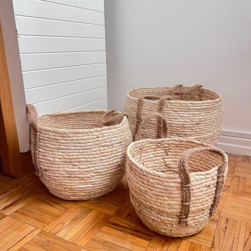 HN03 Set X3 Canastos De Ratan Con Asas 22x17 / 25x20 / 30x25 - Natural