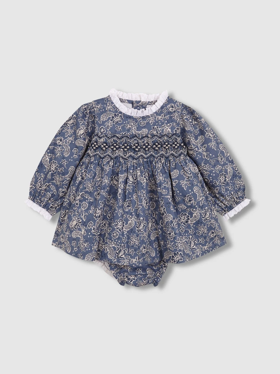 Vestido De Flores Con Smock Gris Azulado