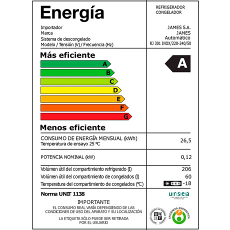 Heladera JAMES RJ301 INOX 266 LTS Heladera JAMES RJ301 INOX 266 LTS