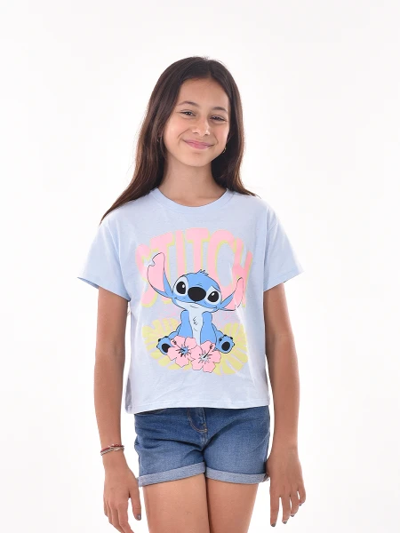 REMERA STITCH HOJAS CELESTE