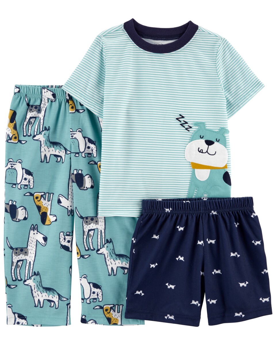 Pijama tres piezas short, pantalón y remera de algodón 