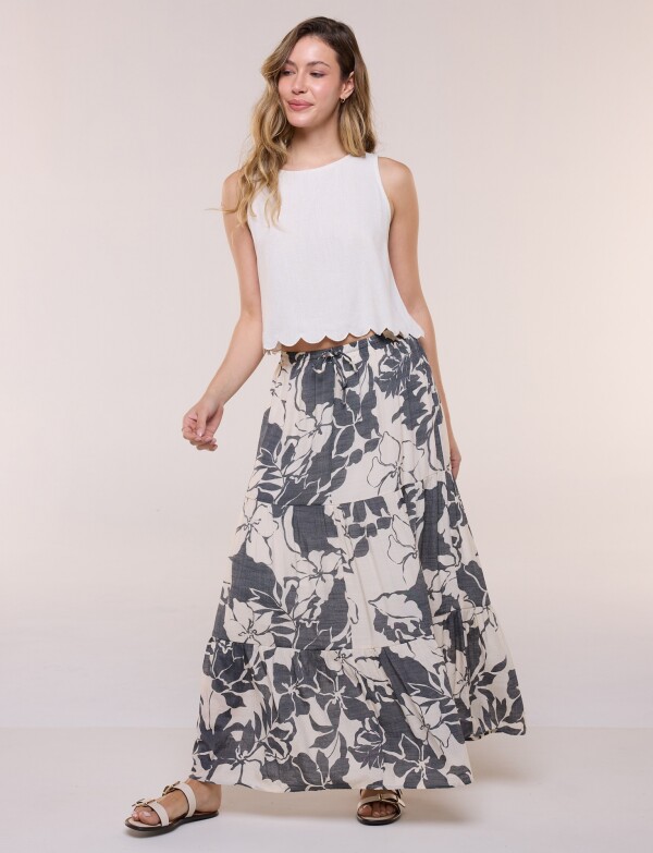 Falda Floral Con Volados Escalonados NEGRO/BEIGE