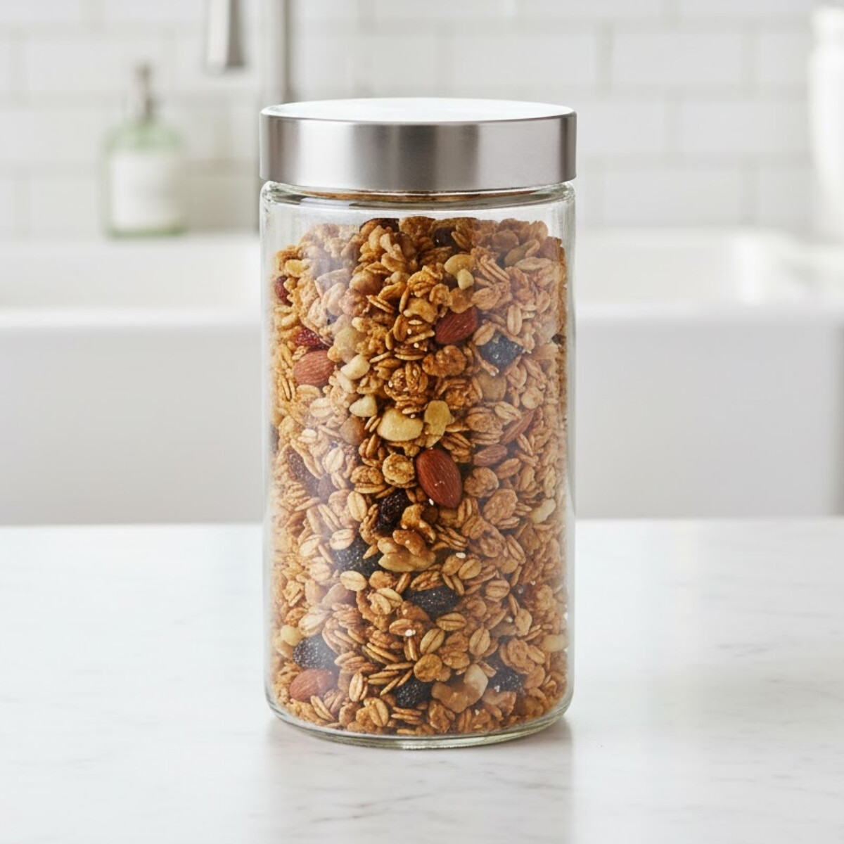 Frasco de vidrio cilíndrico con tapa 1,8 lts rosca metal - PLATA 