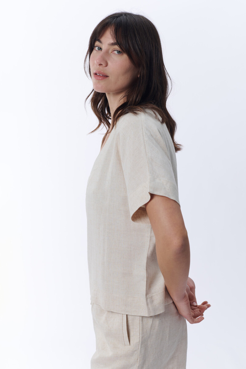 Blusa cuello en v con lino Crudo