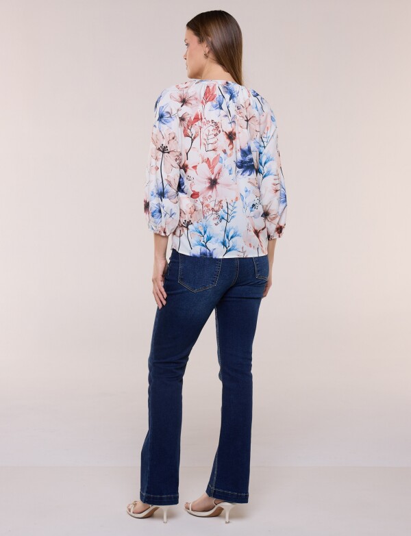 Blusa Gasa Escote V Manga 3/4 Abullonada MULTI/CRUDO