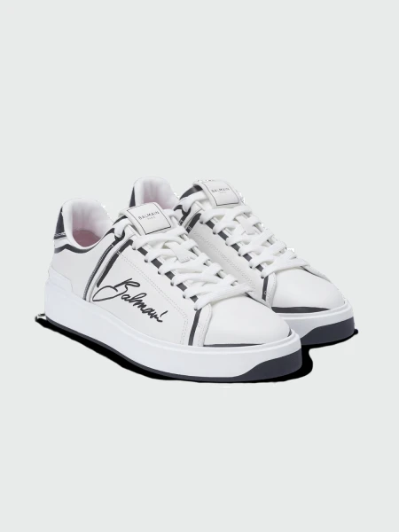 Balmain - Championes acordonados de cuero estampados, B-Court Blanco