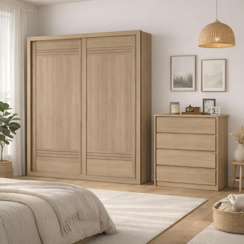 Juego de Dormitorio Ropero Armario Tripoli 2 Puertas Corredizas y Comoda Cajonera Carla - Castaño Juego de Dormitorio Ropero Armario Tripoli 2 Puertas Corredizas y Comoda Cajonera Carla - Castaño