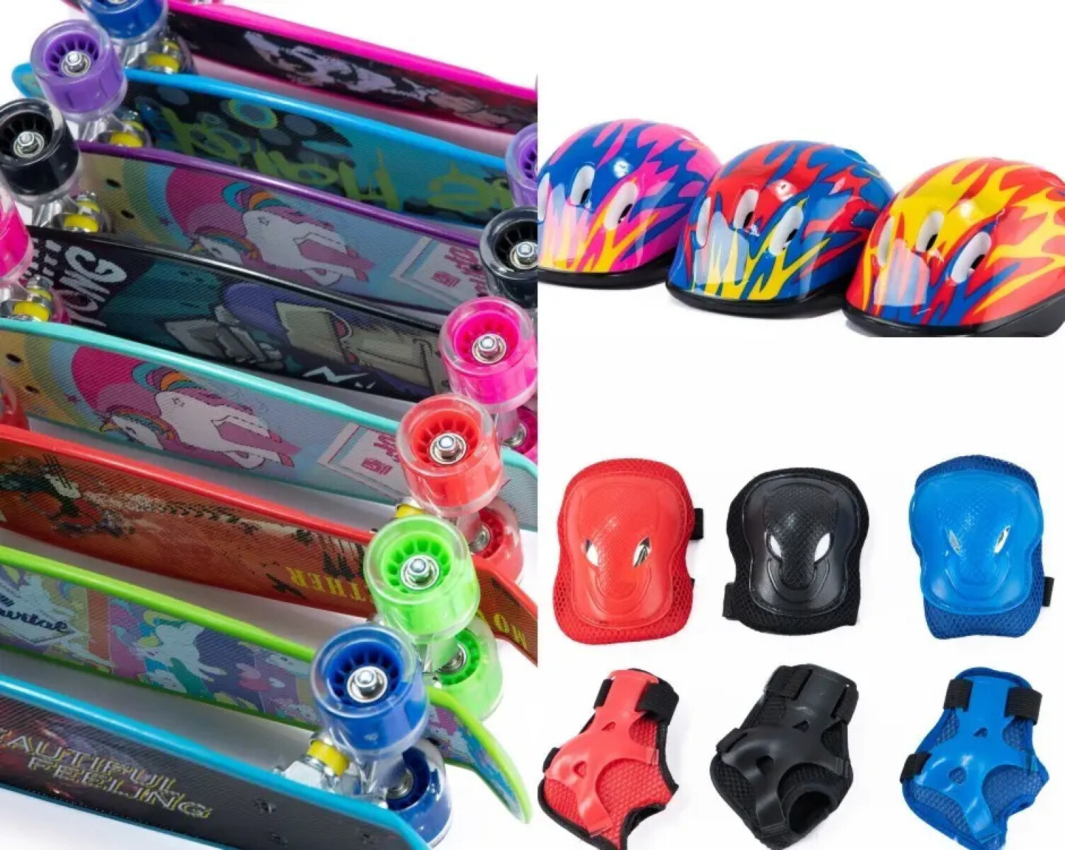 Set de patineta penny estampada y ruedas con luz de 55cm + Set de protección + casco De 6 A 10 años 