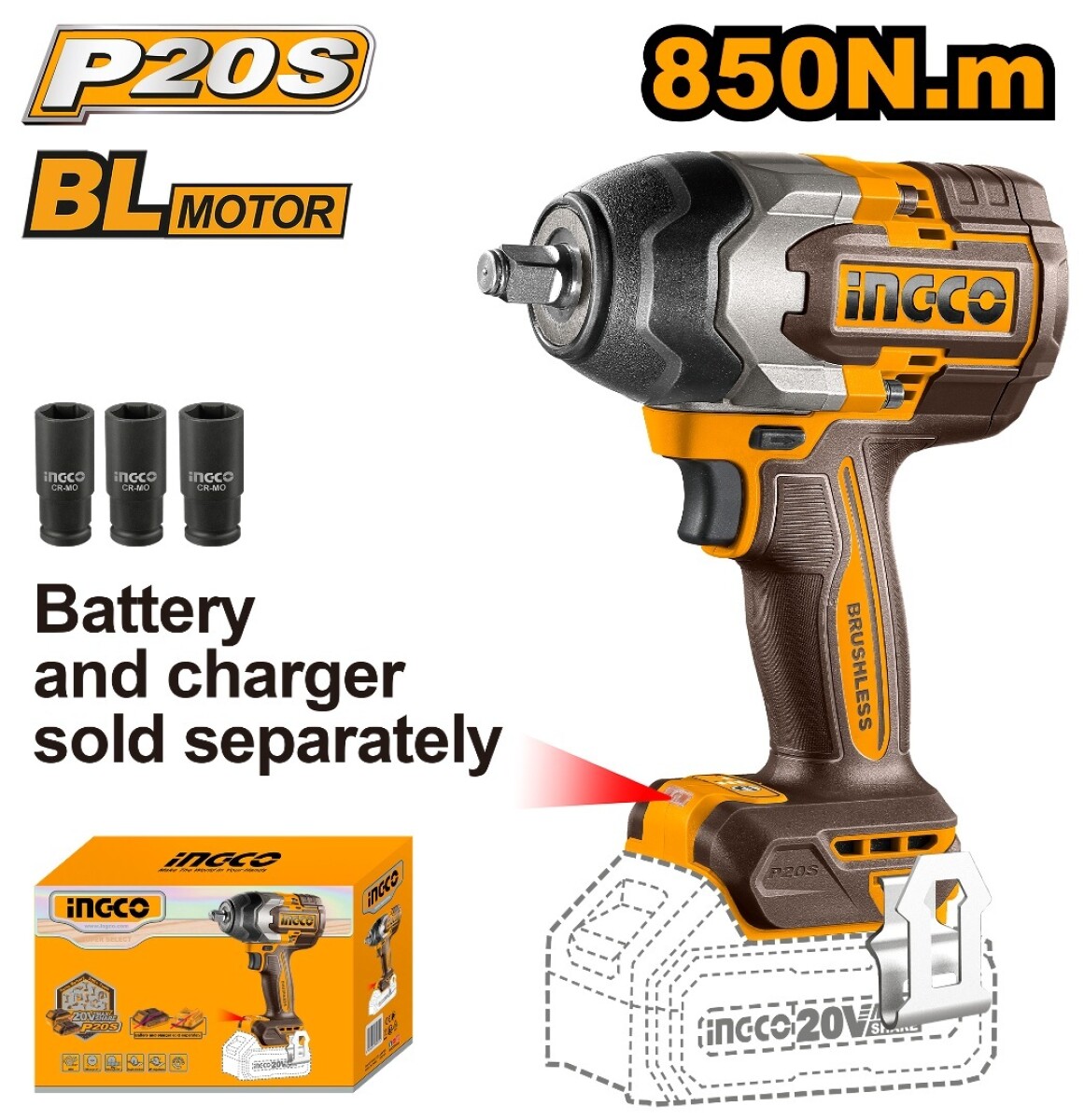 LLAVE DE IMPACTO A BATERIA 850NM 20V P20S BL SIN BAT SIN CARG INGCO CIWLI20851 