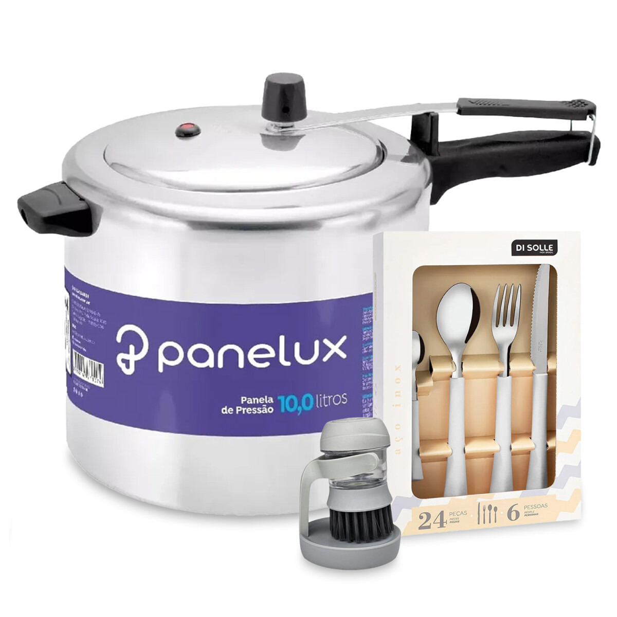 Set de Olla Presión 10L + Cubiertos 24Pzas + Cepillo p/Lavar - Blanco 