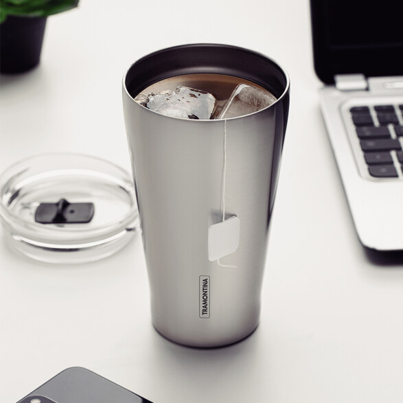 Vaso térmico plateado con tapa 550ml. "EXATA" -TRAMONTINA TF6715
