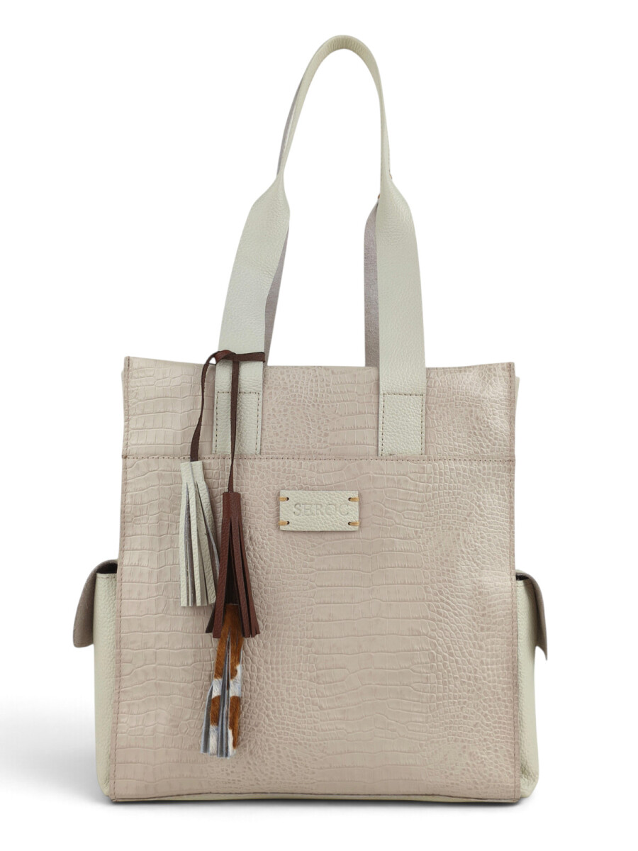 Bolso Tote de Cuero Vacuno y Pelo Natural - Croco beige 