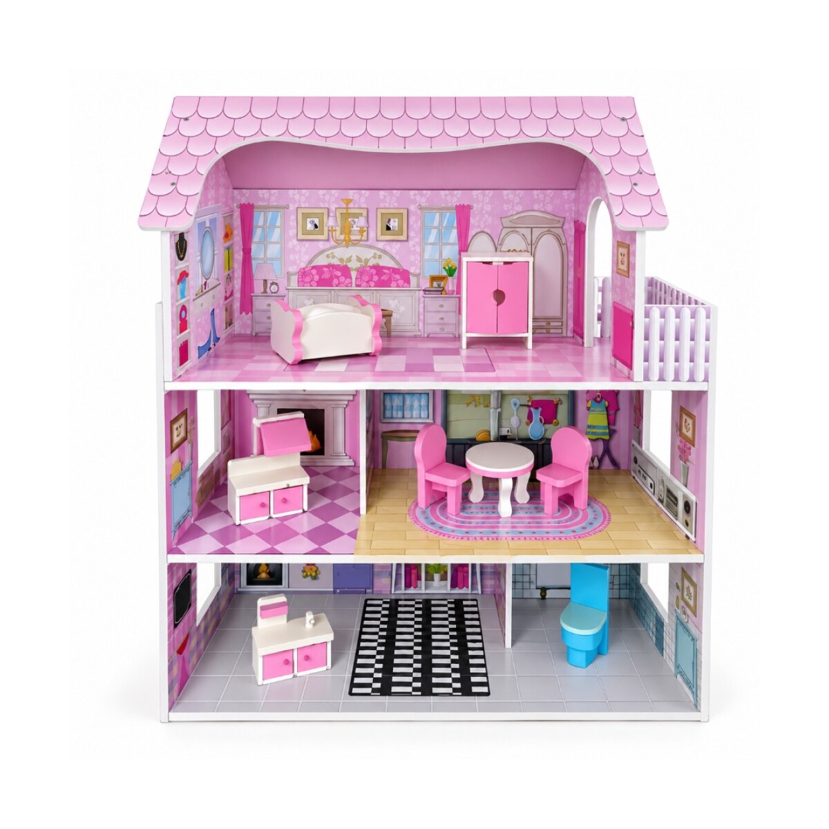CASA DE MUÑECAS ROSADA DE 8 PIEZAS 